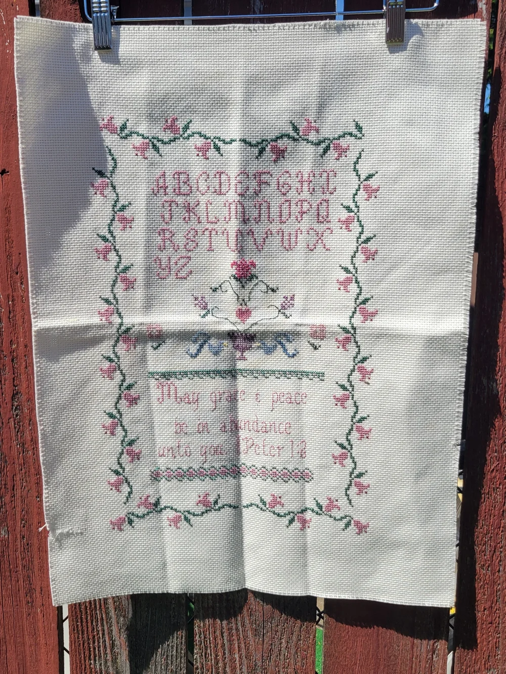 VTG Finished Cross Stitch Alphabet Floral Cottagecore Bible Verse Peter‎ 1:2